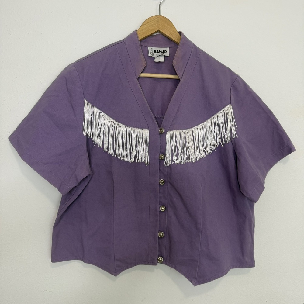 VTG Banjo Dallas Texas Button Up Western Shirt 1X Crop Bolero Purple Fringe
